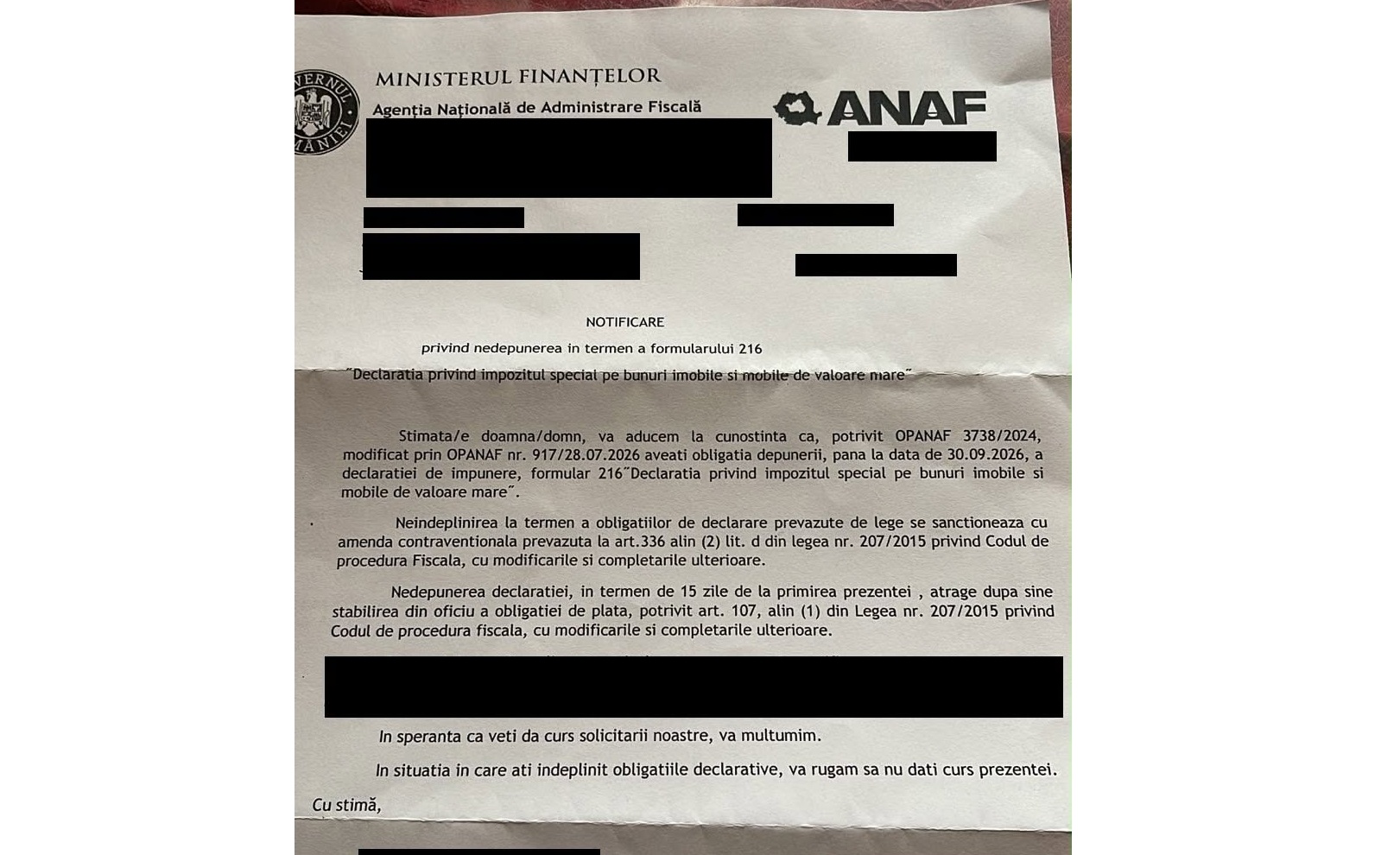 ANAF trimite notificări pentru nedeclararea taxei pe lux prin formularul D216